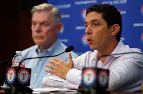 ARLINGTON, TX – SEPTEMBER 05: President of Baseball Operations and General Manager Jon Daniels of the Texas Rangers talks with the media after announcing the resignation of Manager Ron Washington at Globe Life Park in Arlington on September 5, 2014 in Arlington, Texas. Ron Washington informed the club that he has chosen to resign in order to turn his full attention to addressing an off-the-field personal matter. (Photo by Tom Pennington/Getty Images)