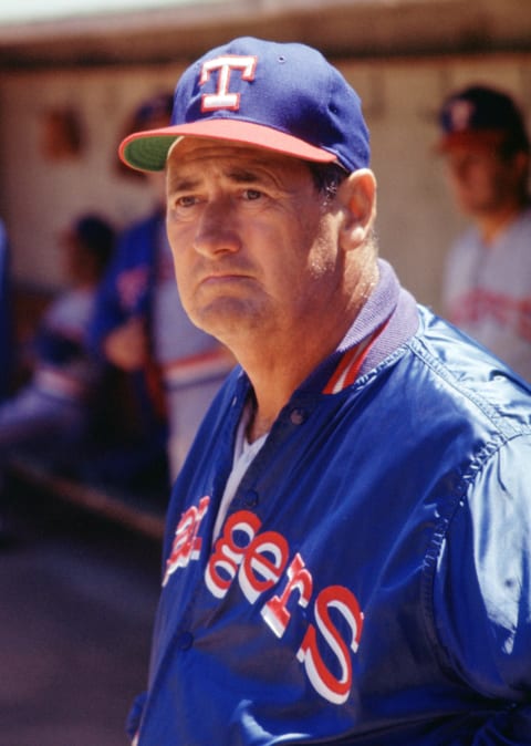 CIRCA 1972: Ted Williams #9 of the Texas Rangers dugout portrait from his 1972 season with the Texas Rangers. Ted Williams managed the Texas Rangers for one season. (Photo by: 1989 SPX/Diamond Images via Getty Images)