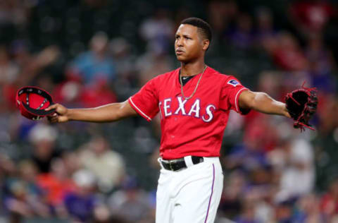 ARLINGTON, TX – AUGUST 06: Jose Leclerc #62 of the Texas Rangers reacts after shutting down the Seattle Mariners in the top of the ninth inning at Globe Life Park in Arlington on August 6, 2018 in Arlington, Texas. (Photo by Tom Pennington/Getty Images)