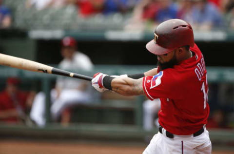 ARLINGTON, TX – AUGUST 19: Rougned Odor #12 of the Texas Rangers hits a run scoring single against the Los Angeles Angels of Anaheim during the first inning at Globe Life Park in Arlington on August 19, 2018 in Arlington, Texas. (Photo by Ron Jenkins/Getty Images)