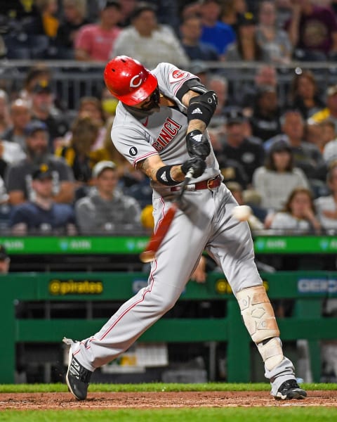 PITTSBURGH, PA – OCTOBER 02: Nick Castellanos #2 of the Cincinnati Reds hits a solo home run in the fifth inning during the game against the Pittsburgh Pirates at PNC Park on October 2, 2021 in Pittsburgh, Pennsylvania. (Photo by Justin Berl/Getty Images)