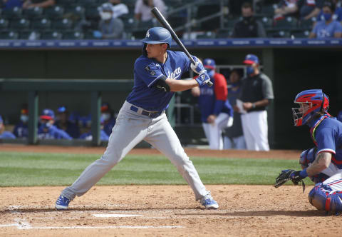 SURPRISE, ARIZONA – MARCH 07: Corey Seager #5 of the Los Angeles Dodgers bats against the Texas Rangers during the sixth inning of the MLB spring training baseball game at Surprise Stadium on March 07, 2021 in Surprise, Arizona. (Photo by Ralph Freso/Getty Images)