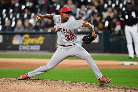 CHICAGO, IL – SEPTEMBER 15: Raisel Iglesias #32 of the Los Angeles Angels pitches against the Chicago White Sox at Guaranteed Rate Field on September 15, 2021 in Chicago, Illinois. (Photo by Jamie Sabau/Getty Images)