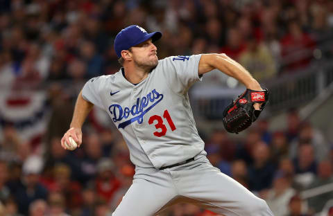 ATLANTA, GEORGIA – OCTOBER 17: Max Scherzer #31 of the Los Angeles Dodgers pitches against the Atlanta Braves in the first inning of Game Two of the National League Championship Series at Truist Park on October 17, 2021 in Atlanta, Georgia. (Photo by Kevin C. Cox/Getty Images)