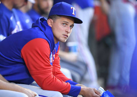 ANAHEIM, CA – JULY 30: Corey Seager #5 of the Texas Rangers sits on the bench during a game against the Los Angeles Angels at Angel Stadium of Anaheim on July 30, 2022 in Anaheim, California. (Photo by John McCoy/Getty Images)