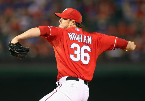 ARLINGTON, TX – SEPTEMBER 24: Joe Nathan #36 of the Texas Rangers throws against the Houston Astros in the 9th inning at Rangers Ballpark in Arlington on September 24, 2013 in Arlington, Texas. (Photo by Ronald Martinez/Getty Images)