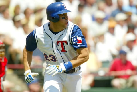 ARLINGTON, TX – APRIL 9: First baseman Mark Teixeira #23 of the Texas Rangers runs to first during the game against the Anaheim Angels at the Ballpark in Arlington on April 9, 2004 in Arlington, Texas. The Rangers won 12-4. (Photo by Ronald Martinez/Getty Images)