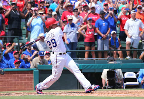 ARLINGTON, TX – JULY 30: Adrian Beltre #29 of the Texas Rangers hits his 3000th Major League Baseball career hit in the fourth inning against the Baltimore Orioles at Globe Life Park in Arlington on July 30, 2017 in Arlington, Texas. (Photo by Rick Yeatts/Getty Images)