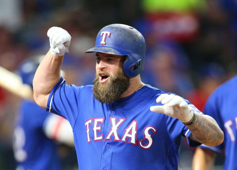 ARLINGTON, TX – AUGUST 18: Mike Napoli #5 of the Texas Rangers celebrates hitting a home run in the fourth inning against the Chicago White Sox at Globe Life Park in Arlington on August 18, 2017 in Arlington, Texas. (Photo by Rick Yeatts/Getty Images)