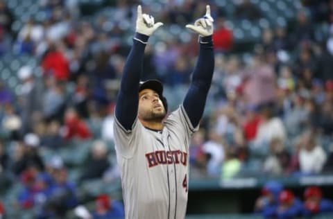 ARLINGTON, TX – APRIL 1: George Springer #4 of the Houston Astros celebrates after hitting a lead-off home run against the Texas Rangers during the first inning at Globe Life Park in Arlington on April 1, 2019 in Arlington, Texas. (Photo by Ron Jenkins/Getty Images)