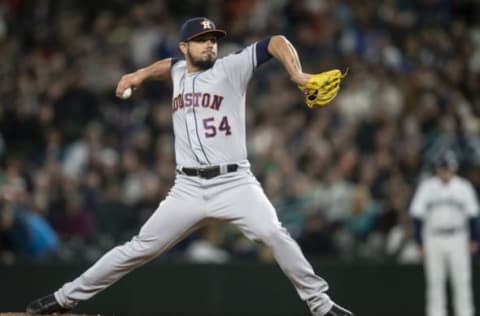 SEATTLE, WA – APRIL 13: Reliever Roberto Osuna #54 of the Houston Astros delivers a pitch during the ninth inning of a game against the Seattle Mariners at T-Mobile Park on April 13, 2019 in Seattle, Washington. The Astros won 3-1. (Photo by Stephen Brashear/Getty Images)