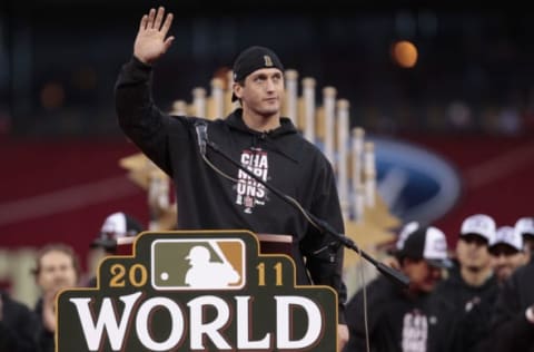 ST. LOUIS, MO – OCTOBER 30: World Series MVP David Freese of the St. Louis Cardinals participates in a parade celebrating the team’s 11th World Series championship October 30, 2011 in St. Louis, Missouri. (Photo by Whitney Curtis/Getty Images)