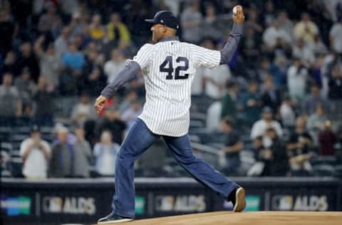 NEW YORK, NY – OCTOBER 09: Former pitcher Mariano Rivera throws out the ceremonial first pitch prior to Game Four of the American League Divisional Series between the Cleveland Indians and the New York Yankees at Yankee Stadium on October 9, 2017 in the Bronx borough of New York City. (Photo by Abbie Parr/Getty Images)