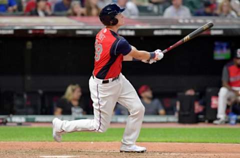 CLEVELAND, OHIO – JULY 07: Sam Huff #28 hits a two run home run to tie the game during the seventh inning against the National League team during the All-Stars Futures Game at Progressive Field on July 07, 2019 in Cleveland, Ohio. The American and National League teams tied 2-2. (Photo by Jason Miller/Getty Images)