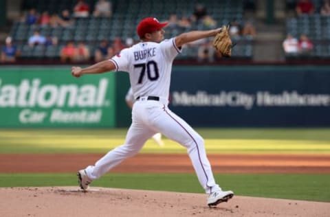 ARLINGTON, TEXAS – AUGUST 20: Brock Burke #70 of the Texas Rangers pitches against the Los Angeles Angels in the top of the first inning during game two of a doubleheader at Globe Life Park in Arlington on August 20, 2019 in Arlington, Texas. (Photo by C. Morgan Engel/Getty Images)