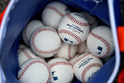 Feb 25, 2019; West Palm Beach, FL, USA; A general view of a bag of baseballs in the dugout during a spring training game between the Houston Astros and the New York Mets at FITTEAM Ballpark of the Palm Beaches. Mandatory Credit: Jasen Vinlove-USA TODAY Sports