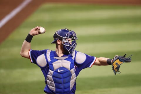 Sep 23, 2020; Phoenix, Arizona, USA; Texas Rangers catcher Sam Huff against the Arizona Diamondbacks at Chase Field. Mandatory Credit: Mark J. Rebilas-USA TODAY Sports