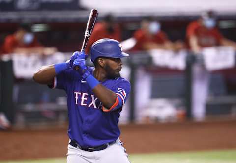 Sep 23, 2020; Phoenix, Arizona, USA; Texas Rangers first baseman Sherten Apostel against the Arizona Diamondbacks at Chase Field. Mandatory Credit: Mark J. Rebilas-USA TODAY Sports