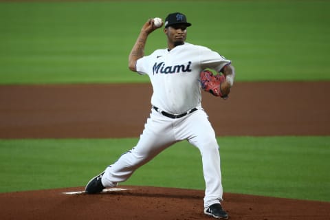 Oct 8, 2020; Houston, Texas, USA; Miami Marlins starting pitcher Sixto Sanchez (73) throws against the Atlanta Braves during game three of the 2020 NLDS at Minute Maid Park. Mandatory Credit: Troy Taormina-USA TODAY Sports