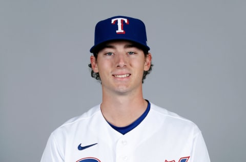 Mar 1, 2021; Surprise, AZ, USA; Texas Rangers Cole Winn #76 poses during media day at Surprise Stadium. Mandatory Credit: MLB photos via USA TODAY Sports