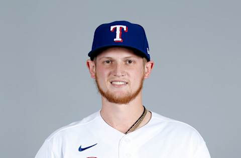 Mar 1, 2021; Surprise, AZ, USA; Texas Rangers Sam Huff #55 poses during media day at Surprise Stadium. Mandatory Credit: MLB photos via USA TODAY Sports