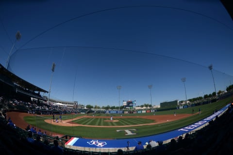 Mar 28, 2021; Surprise, Arizona, USA; A general view of the game between the Texas Rangers and the Chicago Cubs during the second inning of a spring training game at Surprise Stadium. Mandatory Credit: Joe Camporeale-USA TODAY Sports