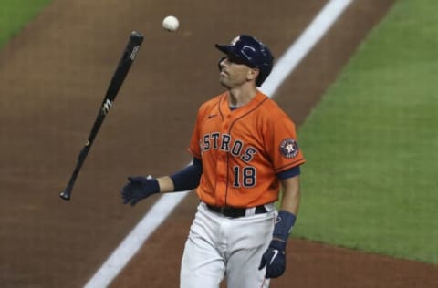 Apr 13, 2021; Houston, Texas, USA; Houston Astros catcher Jason Castro (18) reacts after striking out against the Detroit Tigers with men in scoring position in the second inning at Minute Maid Park. Mandatory Credit: Thomas Shea-USA TODAY Sports