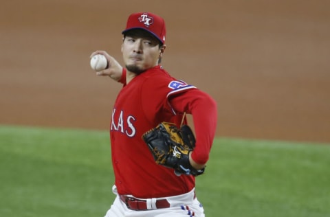 Apr 30, 2021; Arlington, Texas, USA; Texas Rangers starting pitcher Kohei Arihara (35) throws a pitch in the first inning against the Boston Red Sox at Globe Life Field. Mandatory Credit: Tim Heitman-USA TODAY Sports