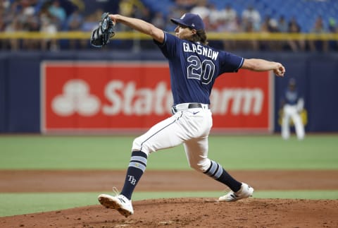 Jun 8, 2021; St. Petersburg, Florida, USA; Tampa Bay Rays starting pitcher Tyler Glasnow (20) throws a pitch during the third inning against the Washington Nationals at Tropicana Field. Mandatory Credit: Kim Klement-USA TODAY Sports