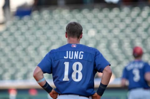 Frisco Rough Riders' Josh Jung stands on third base, Wednesday, June 16, 2021, at Whataburger Field. Rough Riders won, 8-4.