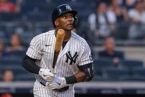 Jun 29, 2021; Bronx, New York, USA; New York Yankees third baseman Miguel Andujar (41) watches his home run during the fourth inning against the Los Angeles Angels at Yankee Stadium. Mandatory Credit: Vincent Carchietta-USA TODAY Sports