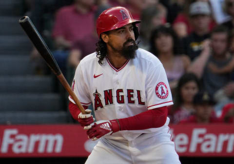 Jul 2, 2021; Anaheim, California, USA; Los Angeles Angels third baseman Anthony Rendon (6) at the plate in the first inning against the Baltimore Orioles at Angel Stadium. Mandatory Credit: Robert Hanashiro-USA TODAY Sports