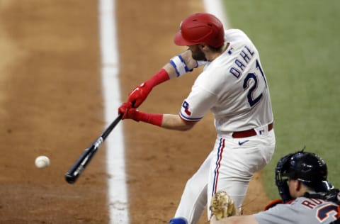 Jul 7, 2021; Arlington, Texas, USA; Texas Rangers left fielder David Dahl (21) grounds into a double play in the second inning against the Detroit Tigers at Globe Life Field. Mandatory Credit: Tim Heitman-USA TODAY Sports