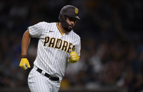 Aug 9, 2021; San Diego, California, USA; San Diego Padres first baseman Eric Hosmer (30) rounds the bases after hitting a home run against the Miami Marlins during the second inning at Petco Park. Mandatory Credit: Orlando Ramirez-USA TODAY Sports