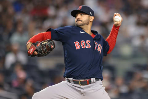 Aug 17, 2021; Bronx, New York, USA; Boston Red Sox starting pitcher Martin Perez (54) delivers a pitch during the sixth inning against the New York Yankees at Yankee Stadium. Mandatory Credit: Vincent Carchietta-USA TODAY Sports