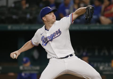 Aug 17, 2021; Arlington, Texas, USA; Texas Rangers relief pitcher Josh Sborz (66) throws to the plate during the sixth inning against the Seattle Mariners at Globe Life Field. Mandatory Credit: Raymond Carlin III-USA TODAY Sports