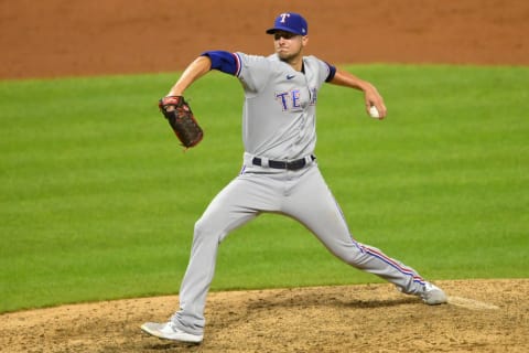 Aug 24, 2021; Cleveland, Ohio, USA; Texas Rangers relief pitcher Brett Martin (59) delivers a pitch against the Cleveland Indians in the ninth inning at Progressive Field. Mandatory Credit: David Richard-USA TODAY Sports