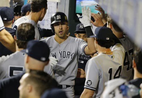 Sep 10, 2021; New York City, New York, USA; New York Yankees left fielder Joey Gallo (13) is congratulated after hitting a solo home run against the New York Mets during the second inning at Citi Field. Mandatory Credit: Andy Marlin-USA TODAY Sports