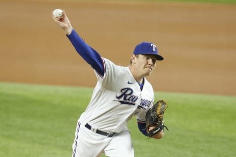 Sep 13, 2021; Arlington, Texas, USA; Texas Rangers starting pitcher Spencer Howard (31) throws a pitch in the first inning against the Houston Astros at Globe Life Field. Mandatory Credit: Tim Heitman-USA TODAY Sports