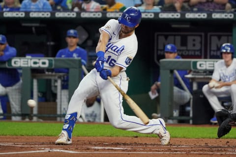 Sep 15, 2021; Kansas City, Missouri, USA; Kansas City Royals left fielder Andrew Benintendi (16) hits a one run single against the Oakland Athletics in the first inning at Kauffman Stadium. Mandatory Credit: Denny Medley-USA TODAY Sports