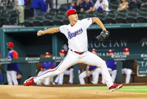 Sep 16, 2021; Arlington, Texas, USA; Texas Rangers starting pitcher Glenn Otto (49) throws during the first inning against the Houston Astros at Globe Life Field. Mandatory Credit: Kevin Jairaj-USA TODAY Sports