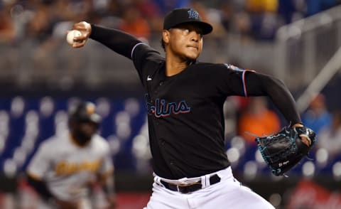 Sep 17, 2021; Miami, Florida, USA; Miami Marlins starting pitcher Elieser Hernandez (57) throws a pitch against the Pittsburgh Pirates during the second inning at loanDepot Park. Mandatory Credit: Jim Rassol-USA TODAY Sports