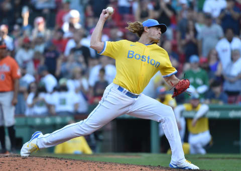 Sep 18, 2021; Boston, Massachusetts, USA; Boston Red Sox relief pitcher Garrett Richards (43) pitches during the ninth inning against the Baltimore Orioles at Fenway Park. Mandatory Credit: Bob DeChiara-USA TODAY Sports