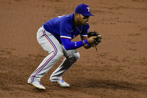 Sep 23, 2021; Baltimore, Maryland, USA; Texas Rangers third baseman Andy Ibanez (77) looks towards the plate during the game against the Baltimore Orioles at Oriole Park at Camden Yards. Mandatory Credit: Tommy Gilligan-USA TODAY Sports