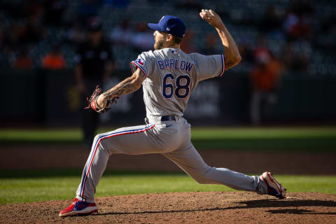 Sep 26, 2021; Baltimore, Maryland, USA; Texas Rangers relief pitcher Joe Barlow (68) pitches against the Baltimore Orioles during the ninth inning at Oriole Park at Camden Yards. Mandatory Credit: Scott Taetsch-USA TODAY Sports