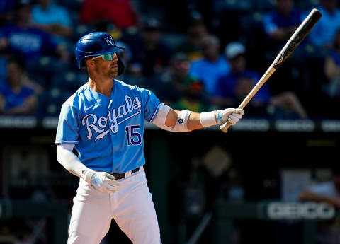 Sep 16, 2021; Kansas City, Missouri, USA; Kansas City Royals second baseman Whit Merrifield (15) gets ready to bat against the Oakland Athletics during the seventh inning at Kauffman Stadium. Mandatory Credit: Jay Biggerstaff-USA TODAY Sports