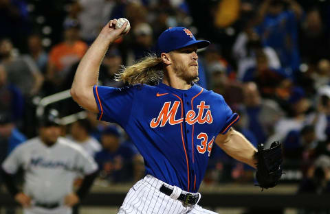 Sep 28, 2021; New York City, New York, USA; New York Mets starting pitcher Noah Syndergaard (34) delivers against the Miami Marlins during the first inning of game two of a doubleheader at Citi Field. Mandatory Credit: Andy Marlin-USA TODAY Sports