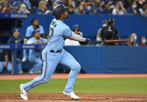 Oct 3, 2021; Toronto, Ontario, CAN; Toronto Blue Jays second baseman Marcus Semien (10) hits a solo home run against the Baltimore Orioles in the fifth inning at Rogers Centre. Mandatory Credit: Dan Hamilton-USA TODAY Sports