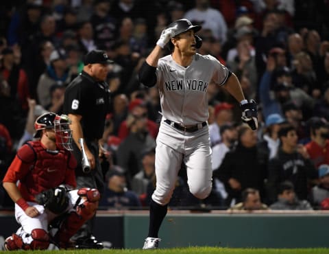 Oct 5, 2021; Boston, Massachusetts, USA; New York Yankees designated hitter Giancarlo Stanton (27) during the sixth inning in a wild card game against the Boston Red Sox at Fenway Park. Mandatory Credit: Bob DeChiara-USA TODAY Sports