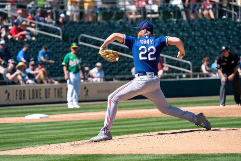 Mar 24, 2022; Mesa, Arizona, USA; Texas Rangers pitcher Jon Gray (22) on the mound in the second inning during a spring training game against the Oakland Athletics at Hohokam Stadium. Mandatory Credit: Allan Henry-USA TODAY Sports